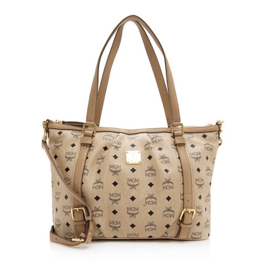 MCM Visetos 2 Way Monogram Bag with Crossbody Strap tan cream neutral designer